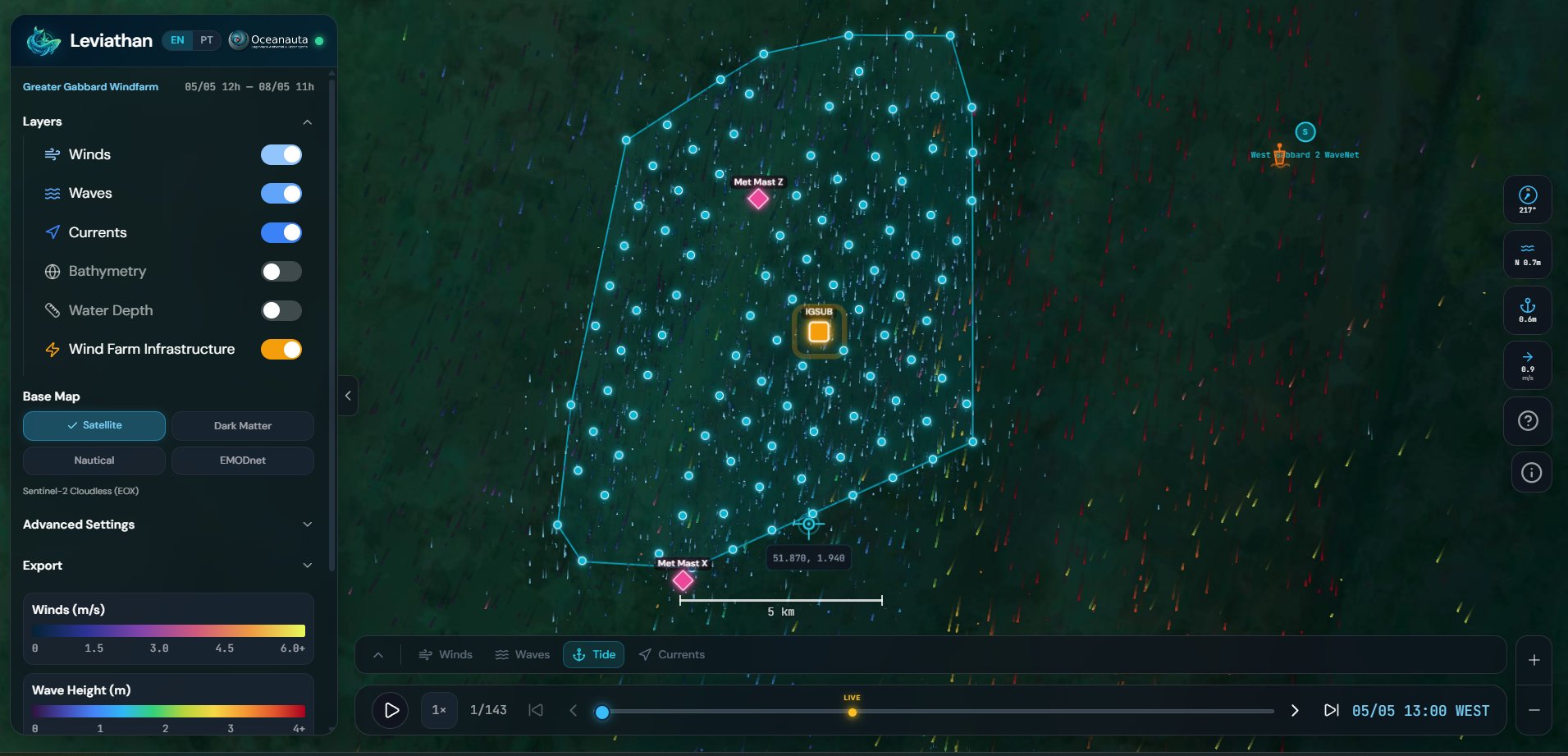 Captura de tela da plataforma Leviathan exibindo correntes, ventos, batimetria e infraestrutura de parque eólico offshore com sidebar de camadas e timeline de animação